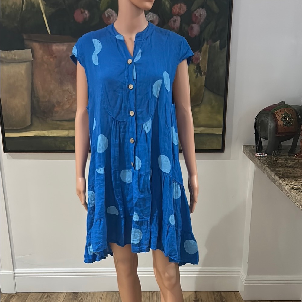 Puro Lino blue polka dot linen mini dress